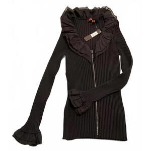 Belldini Black Ruffled Collar and Cuff Ribbed Zip-Up Sweater Large